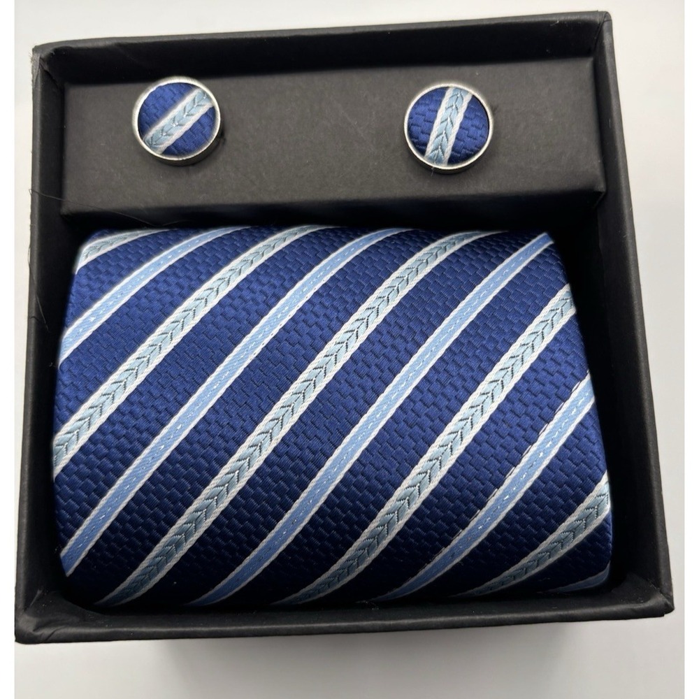 Professional Tie Cufflinks Hankerchief Set Blue‎ Stripes Gift Set Career Dress